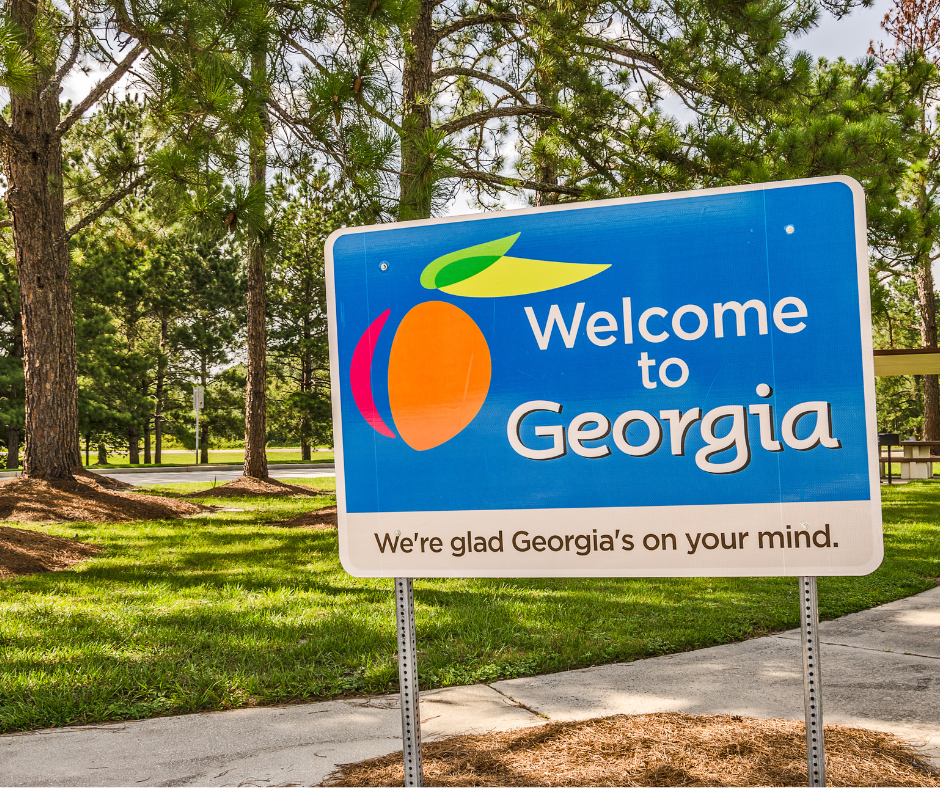 Sign with words Welcome to Georgia, We're glad Georgia's on your mind.